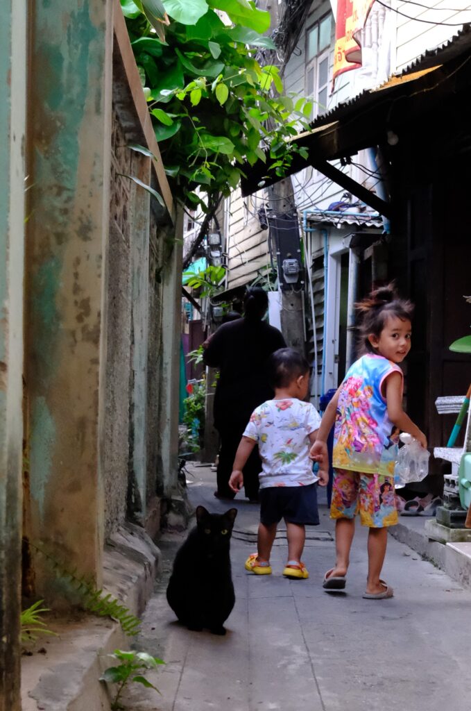 Black cat and children in a narrow lane of Ban Khrua