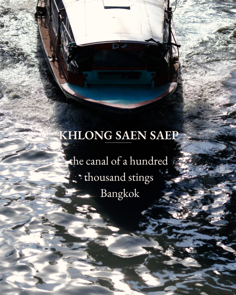 Khlong Saen Saep title card - canal boat on sunlit water, Bangkok
